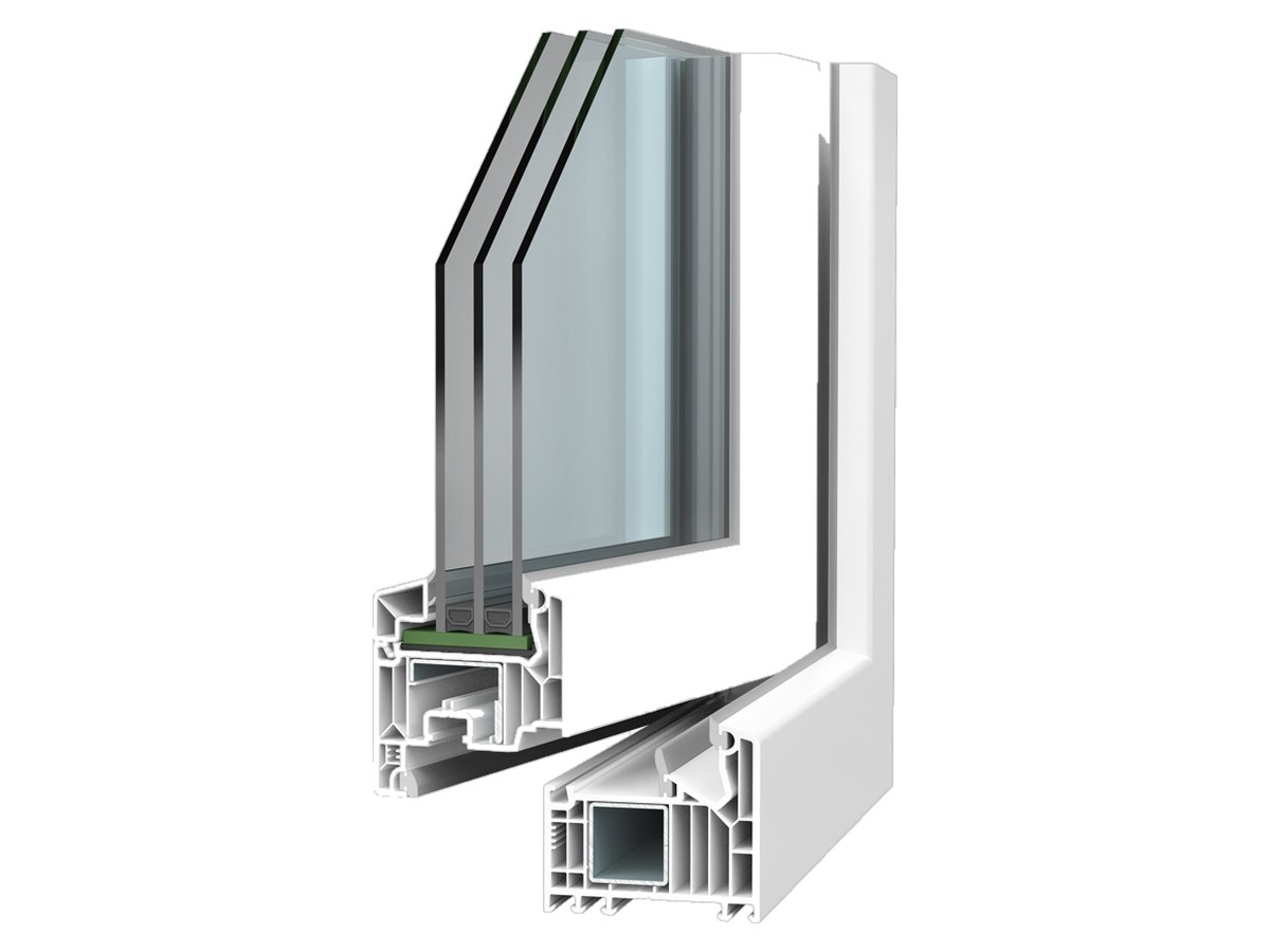 Fehér Veka Softline 82 MD ablakprofil metszete háromrétegű üvegezéssel.